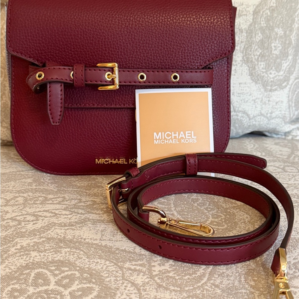 Michael Kors Emilia small saddle leather Oxblood Burgundy Crossbody Bag; New - Picture 2 of 7